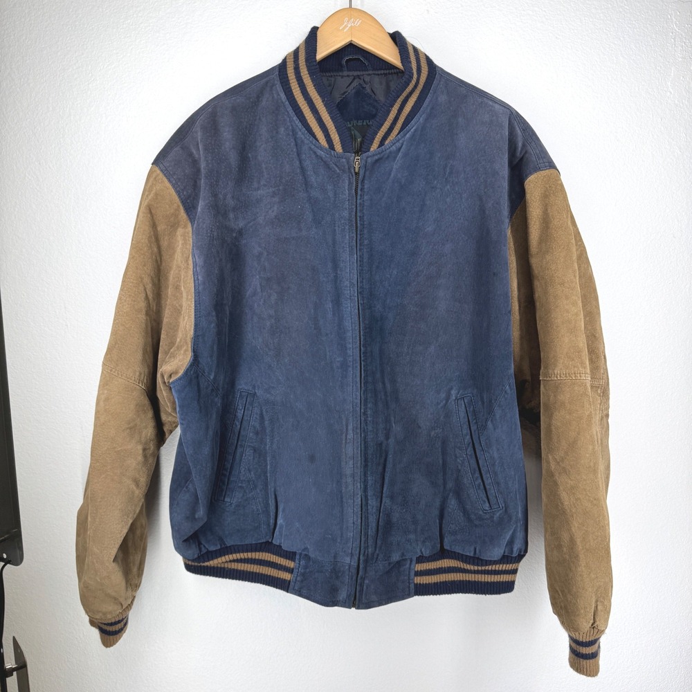 Vtg Mens Suede Varsity Jacket Two Tone Suede Leather Bomber‎ Jacket XXL Striped